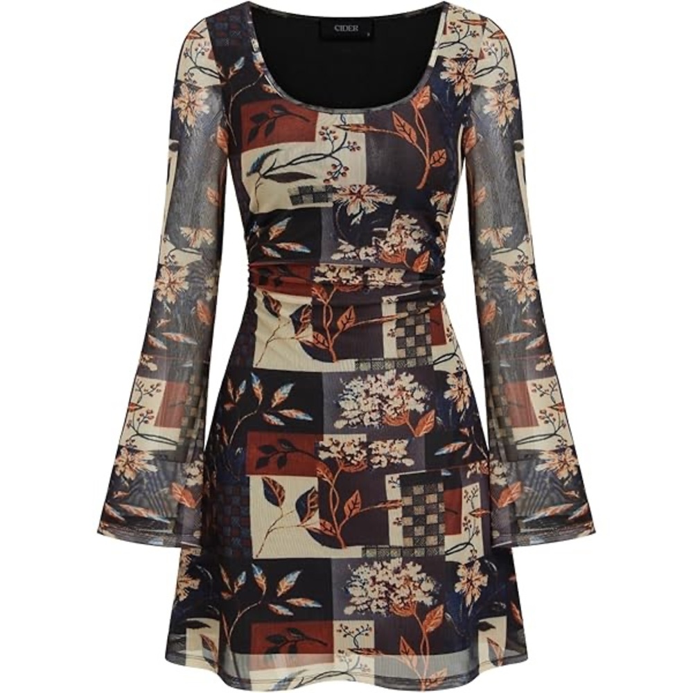 Cider Navy & Rust Floral Patchwork Mesh Mini Dress
